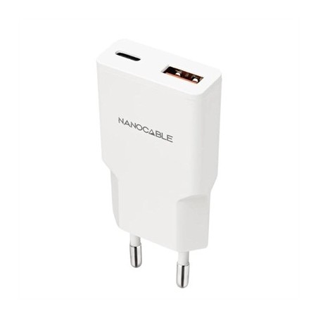 Nanocable Cargador USB-C/PD + USB-A/QC 20W Blanco
